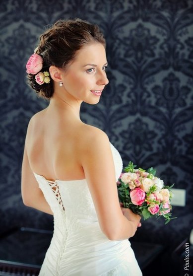 Прическа на свадьбу Низкий романтический пучок (E19816) - Стилист-имиджмейкер Elena Ray